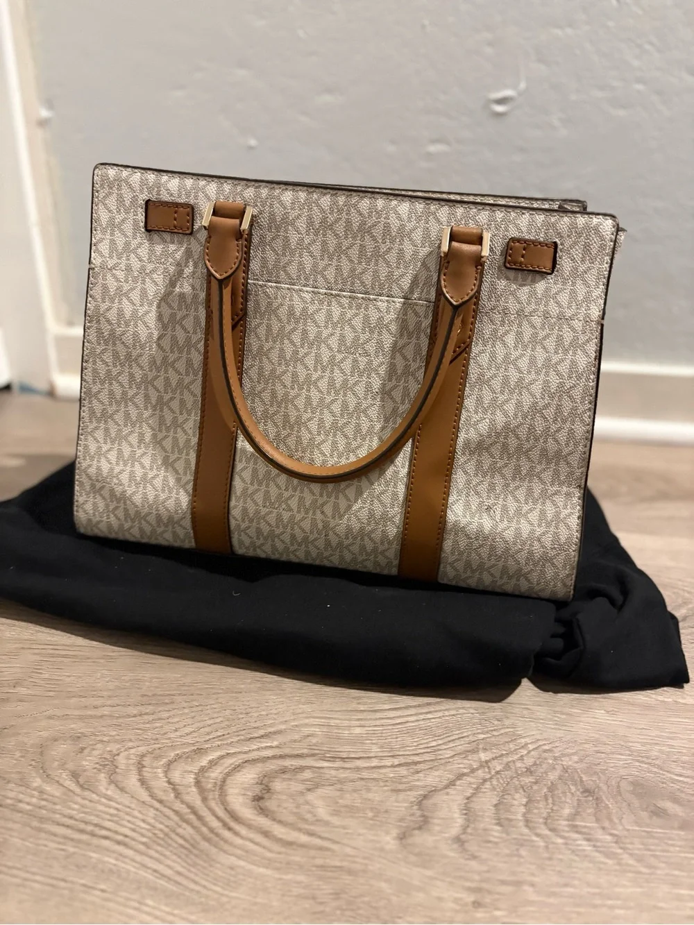 Michael Kors Beige & Brown Logo Satchel with Gold Hardware